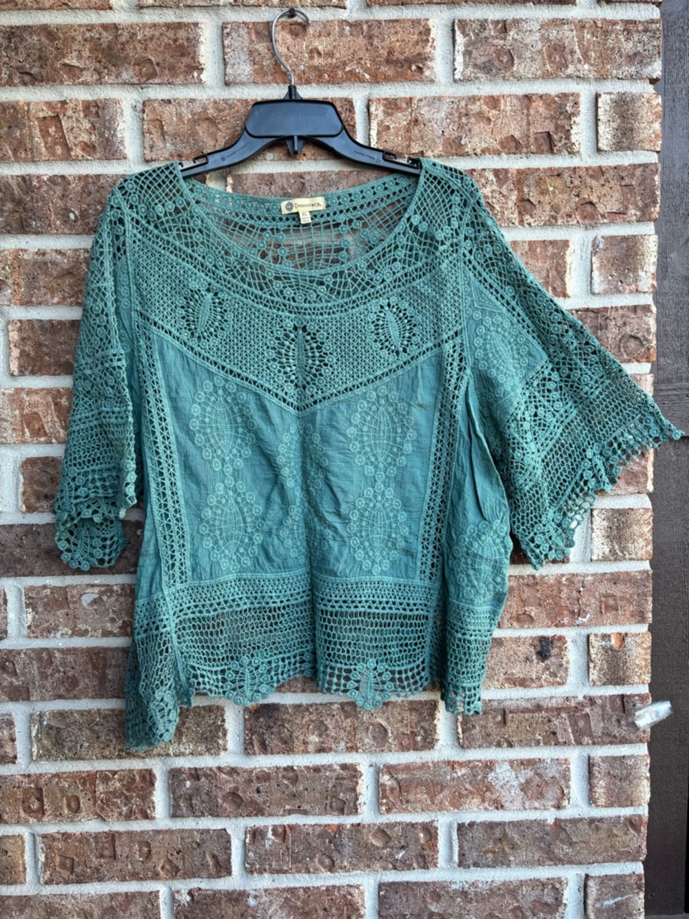 Democracy Teal Crochet Lace Boho Blouse